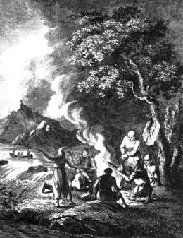 Lappalaisperhe. Kuva julkaistiin 1802 Giuseppe Acerbin matkakirjassa Travels through Sweden, Finland and Lapland to the Nord Cape. 