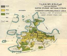 Tiluskartta Tyrvännöstä 1700-luvun lopulta ennen isojakoa. Tietosanakirja V, 1913, karttaliite IV.