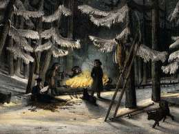 Kuvassa on ulkomaalaisia yöllisellä rakovalkealla tuuhean kuusimetsän suojassa. Kuva julkaistiin Englannissa. A night bivouac. Drawn on stone by T.M. Baynes. Printed by C. Hullman. Museovirasto 2810:2.