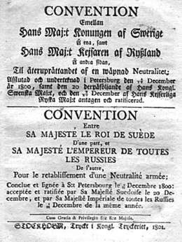Ruotsin ja Venäjän puolueettomuussopimuksen 16.12.1800 kansilehti. Painettu 1801. Kansallisarkisto.