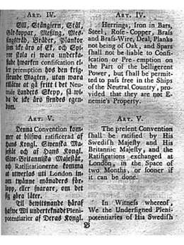 Convention Til förklarande Af XI. Artikeln i Handels Tractaten af den 21 October 1661 Emellan Hans Maj:t Konungen af Swerige och Hans Maj:t Konungen af det Förenade Riket Stora Britannien och Irland. Afhandlad och sluten i London 25.07.1803. Kansallisarkisto.