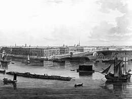 J.A. Atkinsonin Lontoossa 1807 julkaisema kuva Pietarista. 1810-luvulla maisema muuttui uusien rakennusten vuoksi. Museovirasto 127120.