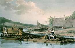 Rafts of Timber. Kuvan teki englantilainen J.A. Atkinson 1804 ja julkaisi teoksessa A Picturesque Representation of the Manners, Customs and Amusements of the Russians II, London 1812. Museovirasto. 