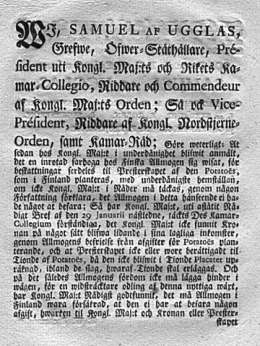 Kamarikollegion julistus perunamaksusta annettiin sen puheenjohtajan, kreivi Samuel af Uglasin nimissä. Kamar-Collegii Kungörelse Angående Allmogens i Finland befrielse ifrån afgift af Potatoes. 26.2.1805