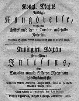 Julistus, Sen Carjalan-maasa käsketyn Roteringin ylöslyckämisestä. 11.03.1806. Kansallisarkisto.