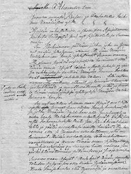 Käännöskonsepti Aleksanteri I:n manifestista 17.6.1808. Käännetty alkuperäisen mukaan Turun hovioikeudessa. Kansallisarkisto.