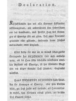 Julistus Suomenmaan liittämisestä Venäjän keisarikuntaan 16/28.3.1808. Ruotsinkielinen versio. Painettu myös suomenkielisenä 1808: Grotenfelt, Asiakirjoja s.294-295. Uusi suomennos Suomen historia dokumentteja 1.