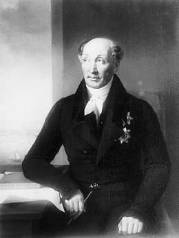 Mihail Speranski, maal. G. Dawe. Kuva on vuonna 1850 maalattu kopio, jossa taustaksi on maalattu näkymä Helsingistä. Helsingin yliopisto.