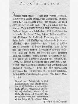 Kreivi Buxhoevdenin julistus 12/23.3.1808 koskien suostuntaverosta vapauttamista. Kansallisarkisto.