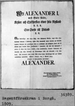 Aleksanteri I:n hallitsijanvakuutus Porvoossa 15/27.3.1809, painettu julistus.
