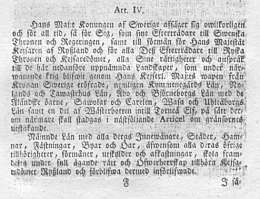 Haminan rauhansopimus 5/17.9.1809 –§ 4. Ruotsinkielinen painettu plakaatti. 