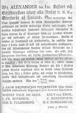 Hans Kejserliga Maj:ts Nådiga Kungörelse, angående wissa Intimationers införande uti ett utkommande Officielt Dagblad, under namn af Åbo Allmänna Tidning. 22.11./4.12.1809. Kansallisarkisto.