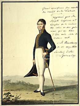 Hallituskonseljin jäsenen suuri univormu eli juhlapuku, jonka malli annettiin toukokuussa 1810. Museovirasto.