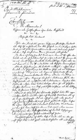 Käännös ranskankielisestä keisarin käskykirjeestä koskien mm. upseerien virkataloja 27.3.1810. Sen.tal.os. Ee 1 s. 71. Kansallisarkisto.