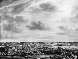 Wilhelm Le Moinen kuva Helsingistä Ullanlinnalta nähtynä. Kaupungin korkein ja näyttävin rakennus oli kuningatar Ulrika Eleonoran nimelle omistettu puinen kirkko. Wilhelm Le Moine, Helsinki Ullanlinnalta nähtynä. Ateneum. Valok. C. Grünberg. Museovirasto 67202.