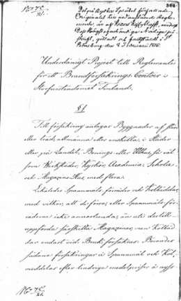 Sen. reskriptit 1816 s. 368. Palovakuutuskonttorin perustaminen 8.2.1816. Sääntöjen 1 –§. Kansallisarkisto.