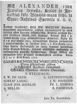Armollinen Julistus Että Kuningl. Asetus ylönpaldisuden estämisexi, annettu s. 1 p. Tammi-kuusa 1794, Kieldo ylönpaldisen hopian pitämisestä ja nautitsemisesta, annettu sinä 2 p. Elokuusa 1800, ja Julistus siitä 19. p. Elo-kuussa 1801, jonga kautta KuldaSepille on suotu vapaus... 29.6.1816.