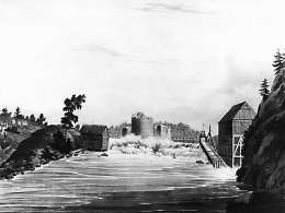 Aleksanteri I Ämmänkoskella 1819. Cliflard ja Arnoud. Kuva painettu Pariisiisa 1826. Museovirasto 8922.