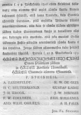 Julistus, Kirjain-ylitsekatsomisesta, ennen kuin ne präntättää eli ulkomalda sisälletuodut ulosanettaa saawat (Censure), niin myös Kirja-Kaupasta, Kirja-Pränteistä ja Ajan-lugusta Wiipurin Läänisä. 27.3.1819.