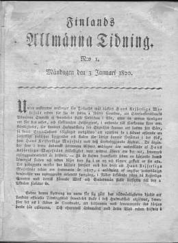 Finlands Allmänna Tidning, ensimmäinen numero 13.1.1820.