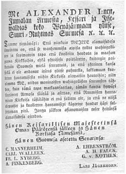 Julistus, kiellosta Ruumisten hautamisesta wastaan Kirkoisa. 20.4.1822.