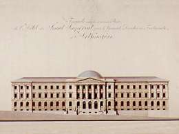 Senaatin talo Helsingissä. C.L. Engelin piirros 1822. Helsingin kaupunginmuseon kuva-arkisto.