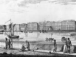 Pietari 1824, Museovirasto. Kuvassa näkyy keisarillinen palatsi eli Talvipalatsi.