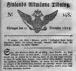 Virallisen lehden ilmoitus suruajasta. Finlands Allmänna Tidning n:o 148 17.12.1825. Senaatin ilmoitus surupukeutumisesta ja huvittelukiellosta Aleksanteri I:n kuoleman johdosta.