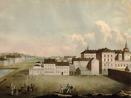 Heidenstrauchin talo. Venäläisen Galjaminin kuva Helsingin Etelärannasta ja Esplanadista vuodelta 1827. Helsingin kaupunginmuseon kuvaarkisto.
