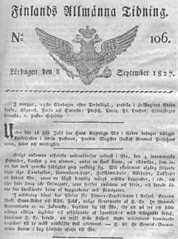 Virallisen lehden ensimmäinen ilmoitus Turun palosta. Finlands Allmänna Tidning 8.9.1827. Ensimmäinen ilmoitus Turun palosta