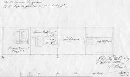 Piirustus Lappeenrannan kehruuhuoneen värjäämöstä 20.9.1828. Tekijät C.L. Engel / A.W. Arppe. RakH II Ied 113 (56 M 7/10). Kansallisarkisto.