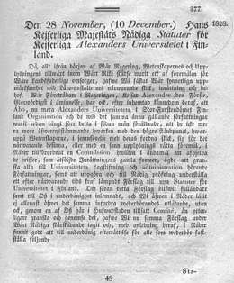 Statuter för Kejserliga Alexanders Universitetet i Finland. 28.11./ 10.12.1828. sivu 1
