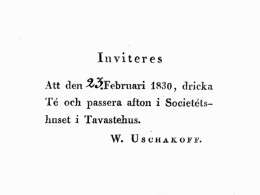 W. Uschakoffin kutsukortti Hämeenlinnan Seurahuoneelle v. 1830. Museovirasto.