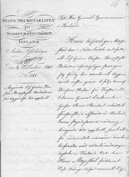Ilmoitus kenraalikuvernöörille keisarin Suomen kaartille osoitetusta liikekannallepanokäskystä 3/15.12.1830, sivu 1. VSV 62/1830, Kansallisarkisto. 