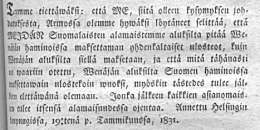 Julistus ulosteoista, jotka Suomen aluksilta Wenäjän haminoissa ja Wenäjän aluksilta Suomen haminoissa owat maksettavat. (19.1.1831.)