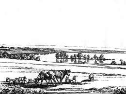 Venäläisen Valerian Langerin kuva suomalaisesta rantaniitystä 1832. Malli on Karjalan kannakselta, ilmeisesti Vuoksen rannoilta. Museovirasto.