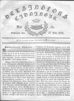 Helsingfors Tidningar 27.6.1832. Yliopiston rakennuksen vihkiminen 19.6.1832. sivu 1.