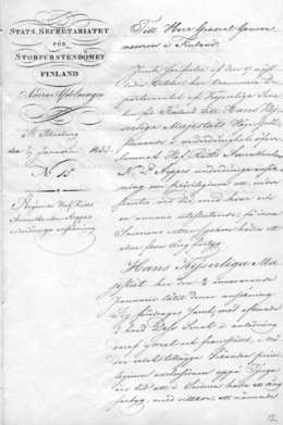 Ministerivaltiosihteerin kirje kenraalikuvernöörille koskien N.L. Arppen privilegiota pitää höyrylaivaa Saimaalla 20 vuotta. VSV 67/1833, Kansallisarkisto.