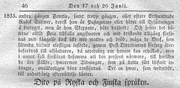 Kungörelse, angående förbud för Skeppare, Besättning, eller Passagerare å fartyg att från utrikes ort medhafwa Bref eller Tidningar, samt answaret derföre. 18.6.1835. sivu 2.