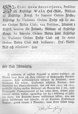 Vaasan hovioikeuden määräys alkaa luettelolla sen presidentin, Carl Adam Adlerstjernan, arvonimistä ja kunniamerkeistä. Lappalaisia kielletään laiduntamasta poroja Kuopion kihlakunnassa 13.10. 1836. Wasa Hofrätts Universal och Cirkulär. Kansallisarkisto.