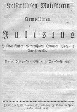 Julistus Ylisotaoikeuden asettamisesta Suomen Sotaja Luotsi-wäelle 12.12.1836. Asetuskokoelma.