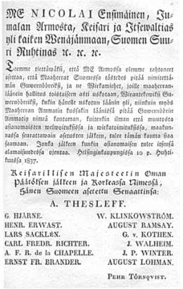Keisarillisen Majesteetin Armollinen JULISTUS Suomen Maaherrain muutetusta nimityksestä Guvernööreiksi, paitsi muuta. Annettu Helsinginkaupungissa 10 p. Huhtikuuta 1837.