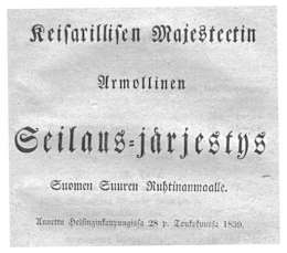 Seilaus-järjestys Suomen Suuren Ruhtinanmaalle. 28.5.1839. Sisällysluettelo.