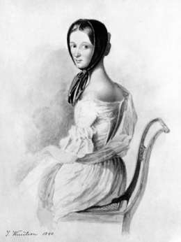 Tyttö J. Knutsonin albumista 1840. Suomen taideyhdistyksen kokoelma. Kuva Museovirasto.
