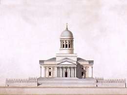 Helsingin Nikolainkirkko. C.L. Engelin julkisivupiirros vuodelta 1839. Helsingin kaupunginmuseon kuvaarkisto.