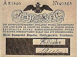 Wiisi Kymmendä Kopekaa. Vuoden 1824 mallia oleva pikkuseteli, joka on leimattu 1840. Suomen Pankki.