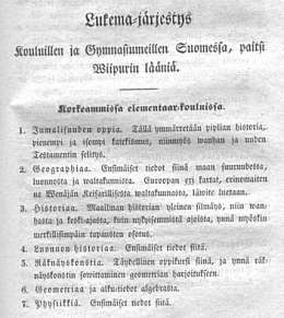 Asetus elementaar-oppilaitoksista Suomen Isoruhtinanmaassa. 21.6.1841.