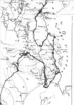 Karta öfver gränsen emellan Storfurstendömet Finland och Gouvernementet Olonets 1839-40/1840. C.W. Gyldén/John Bergenheim. R.k.V. 15 2 D 29/päällä, Kansallisarkisto.