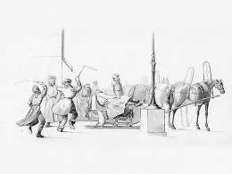 Vossikat Helsingissä. Johan Knutsonin albumi: kivipiirros vuodelta 1841. Kansallismuseo. Kuva: Museovirasto.