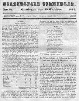 Helsingfors Tidningar 15.10.1845. Z.Topelius: Om Lefnadskostnaden i Helsingfors, besynnerligen med afseende å Studerande Corpsen, sivu 1.